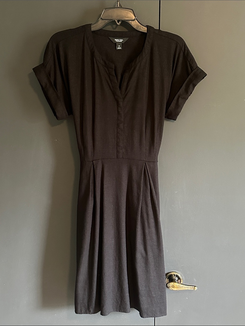 Simply Vera VeraWang Black Short Sleeve Pleated Dress with Tie Back